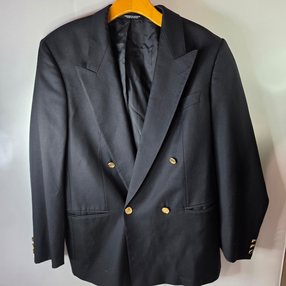 Vtg Baumler Double Breasted Blazer 42R Vitale Barberis Canonico Wool Black Coat